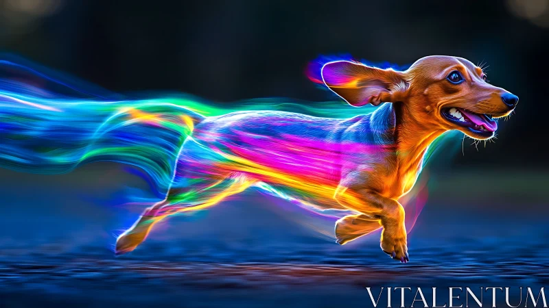 Joyful rainbow dachshund dashing through glowing neon trails.
