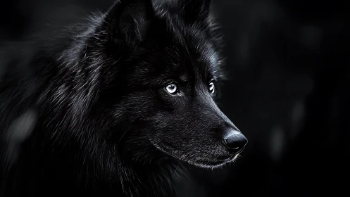 High-contrast profile study of black wolf with specular fur highlights