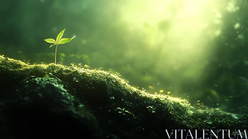 Young plant sprout on mossy ground in dreamy green sunlight.