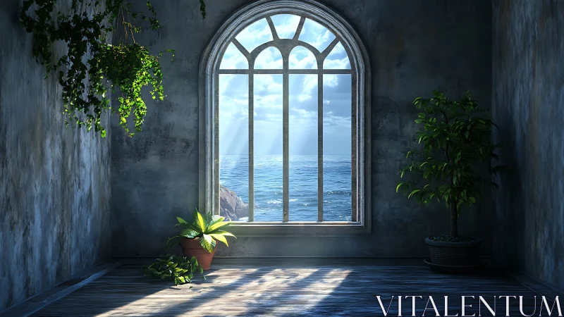 Photoreal coastal window interior with botanical accent lighting.
