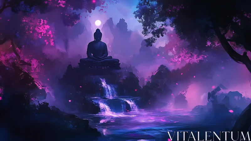Luminescent zen cascade with silhouetted meditative statue.