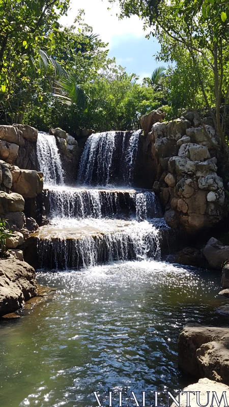 Sunlit garden waterfall tumbling into a tranquil rock pool.