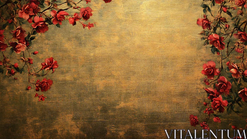 Vintage textured gold canvas with red floral corner garlands