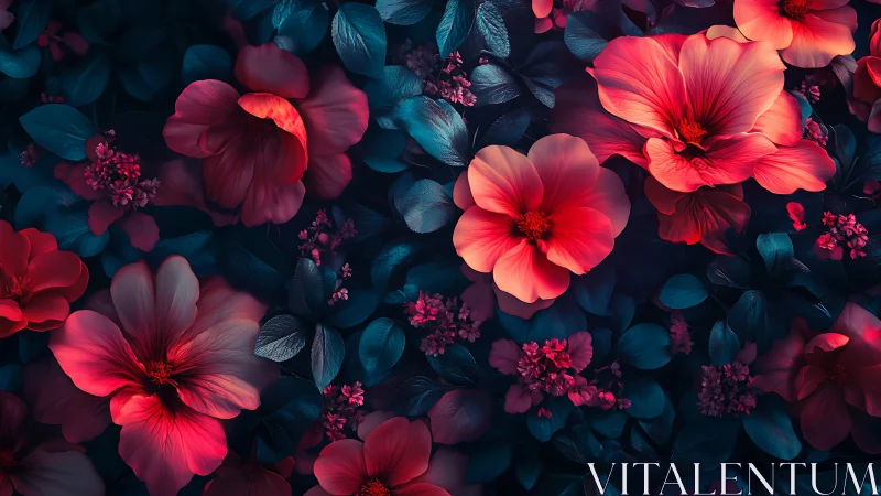 Vibrant Coral Flowers with Deep Teal Foliage in Digital Botanical Rendering