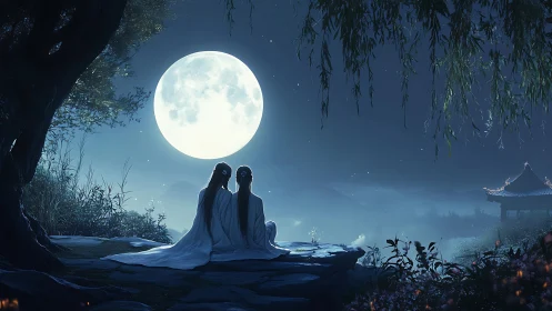Dual Figures Beneath Full Moon: East Asian Architectural Landscape Nocturne