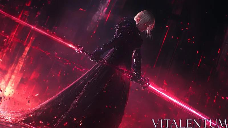 Crimson void knight ignites twin energy blades in ruinous glow.