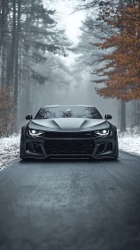 Low black sports car on winter forest road in foggy light.