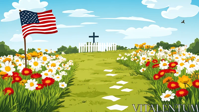 American flag in bright memorial garden with cross grave