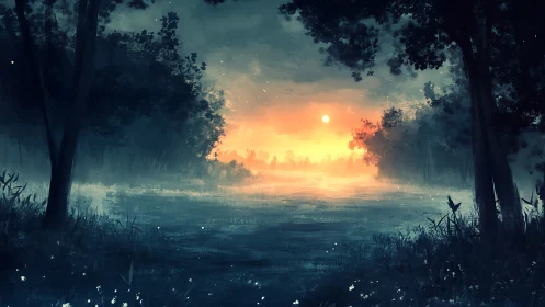 Digital landscape rendering with twilight chromatic gradient and atmospheric volumetric light effect