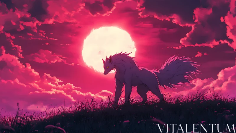 Wolf-like creature silhouetted before large red moon.
