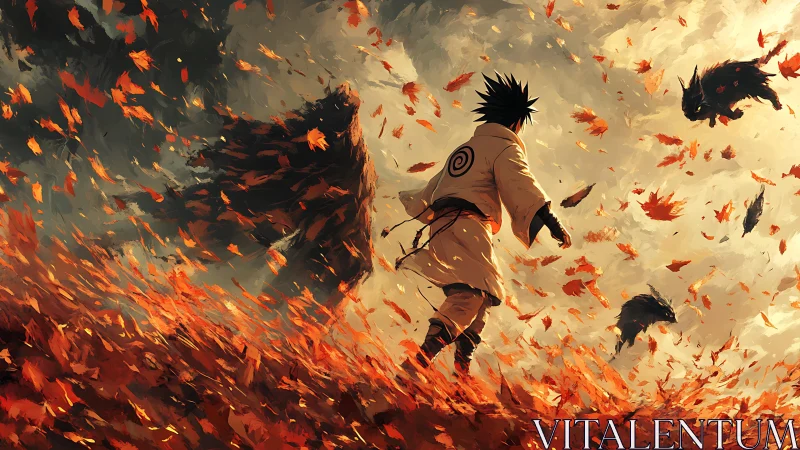 Storm of scarlet leaves crowns a lone anime wanderer.