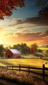 Golden sunrise warms a tranquil autumn barn landscape