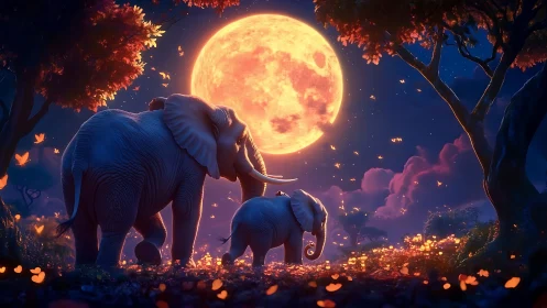 Luminous lunar backdrop with bioluminescent elephant duo.