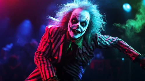 Clown figure in striped suit under colored stage lighting.