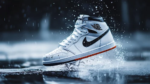 Dynamic sneaker suspended mid-splash under dramatic rain lighting