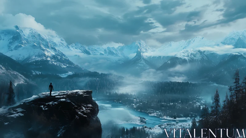 Lone figure overlooking misty river valley and peaks.