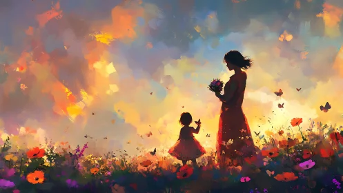 Mother and child silhouettes in bright sunset meadow scene.