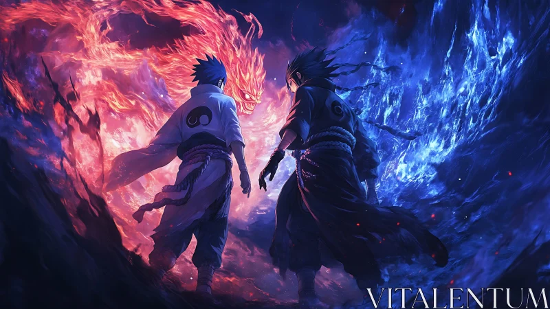 Dueling ninja brothers between roaring fire and frozen tide.