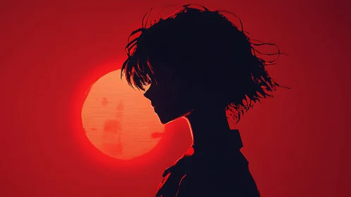 Silhouetted figure observes large red sun in stark profile