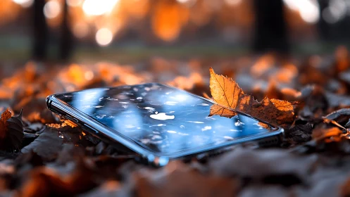 Smartphone on autumn leaves reflecting blue sky glow.