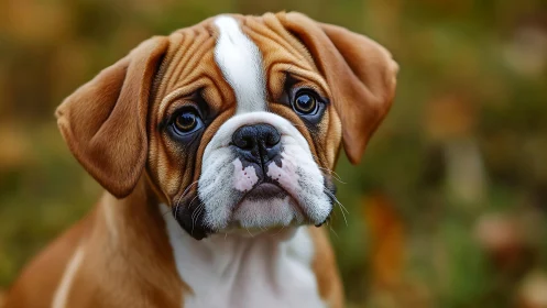 Expressive boxer puppy portrait in soft outdoor light.