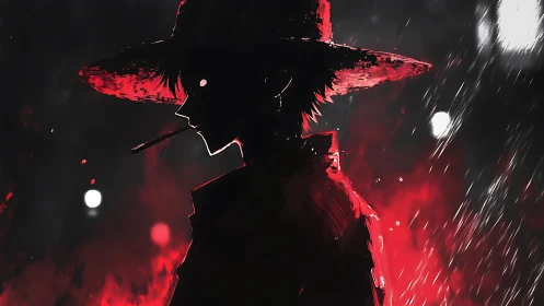 Silhouetted wanderer under crimson rain with moody backlight.