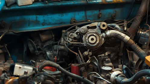 Aged car engine bay with worn metal, hoses and patina.