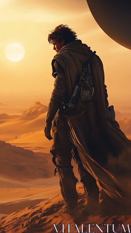 Desert wanderer in tactical cloak under harsh orange sun