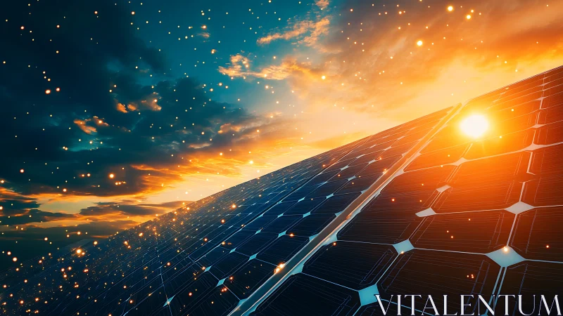 Solar panel array under vivid sunset sky with bright sun.