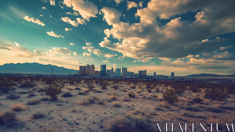 Desert foreground framing distant modern city skyline.