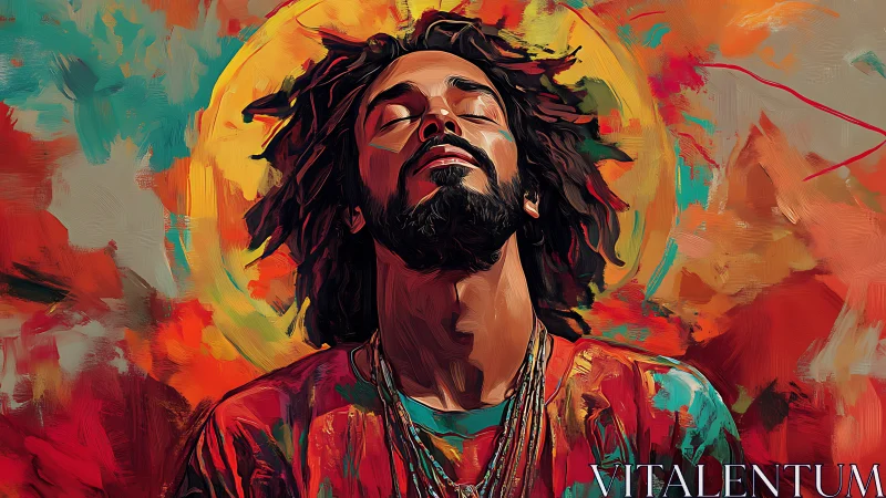 Haloed dreamer bathing in molten sunset brushstrokes.