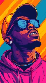 Stylized portrait of man in cap and hoodie on color stripes.
