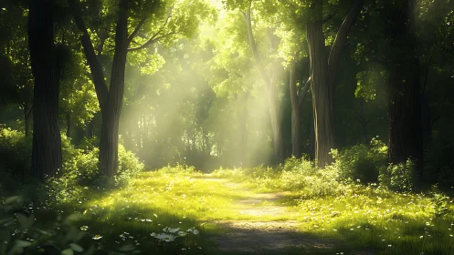 Sunlit Forest Path in Morning Light, Tranquil Nature Scene.
