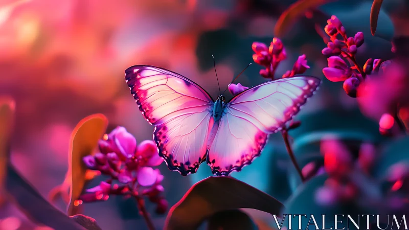 Pink and violet butterfly on flowers in soft blur field.