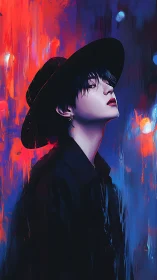 Solitary figure in neon dusk hues embraces quiet intensity.