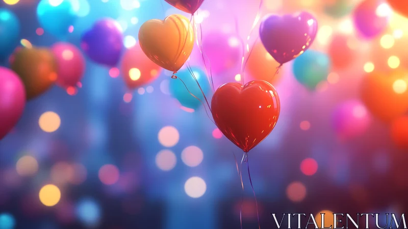 Iridescent Heart-Shaped Balloons with Luminous Bokeh Particles.