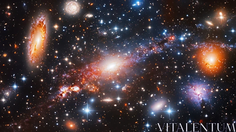 Starlit galaxies drift softly across a glowing cosmic sea