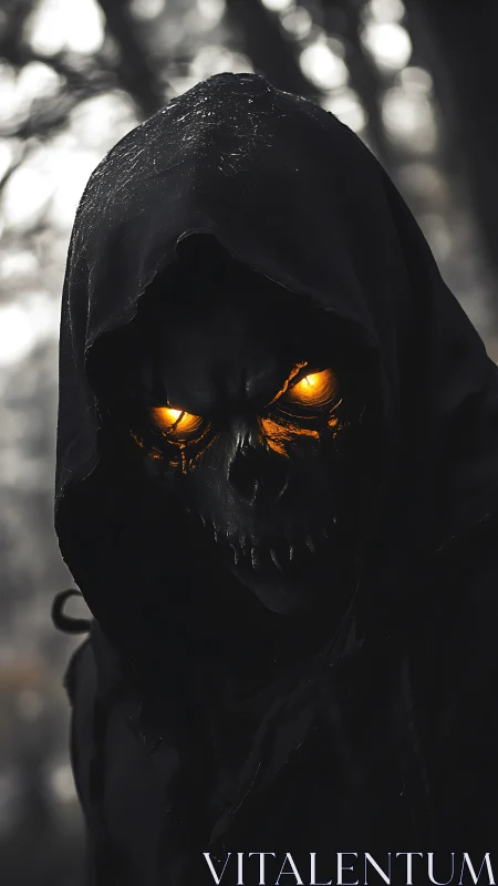 Hooded skeletal figure with glowing eyes stands in forest