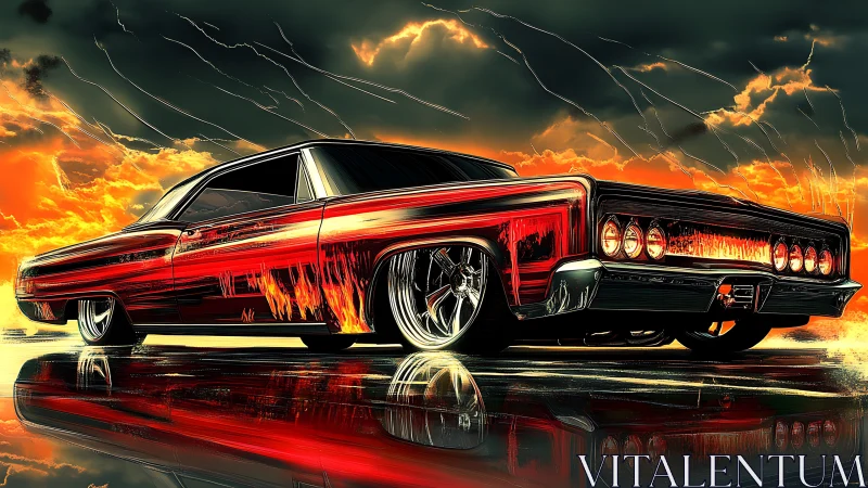 Lowrider muscle car burns across reflective storm road