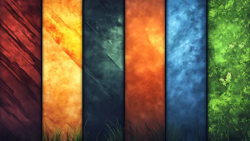 Five elemental panels in softly glowing textured color fields.
