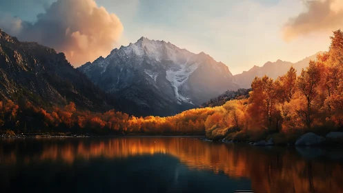 Sunlit autumn forest crowns a tranquil, glassy mountain lake