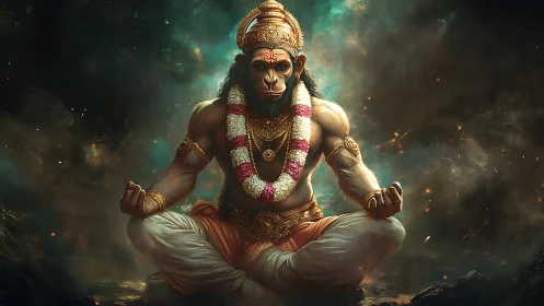 Meditating monkey-faced deity in stormlit cosmic stillness.