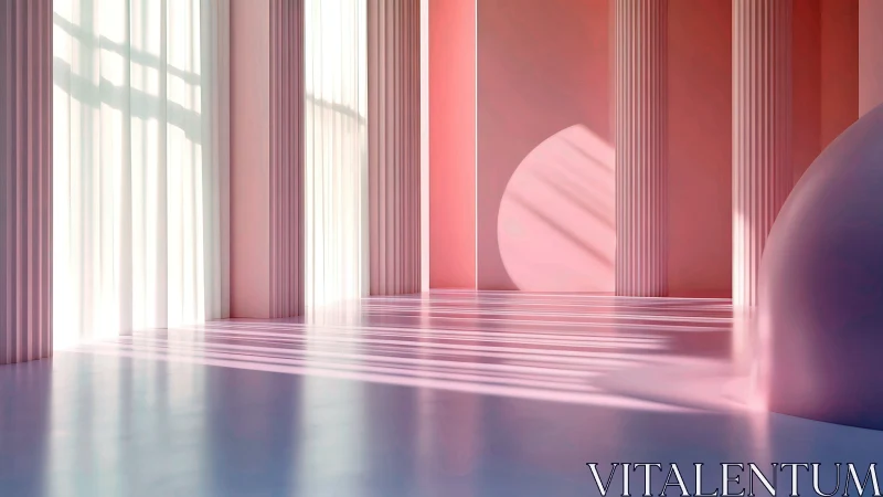 Minimal pink interior with columns, curtains, and soft light.