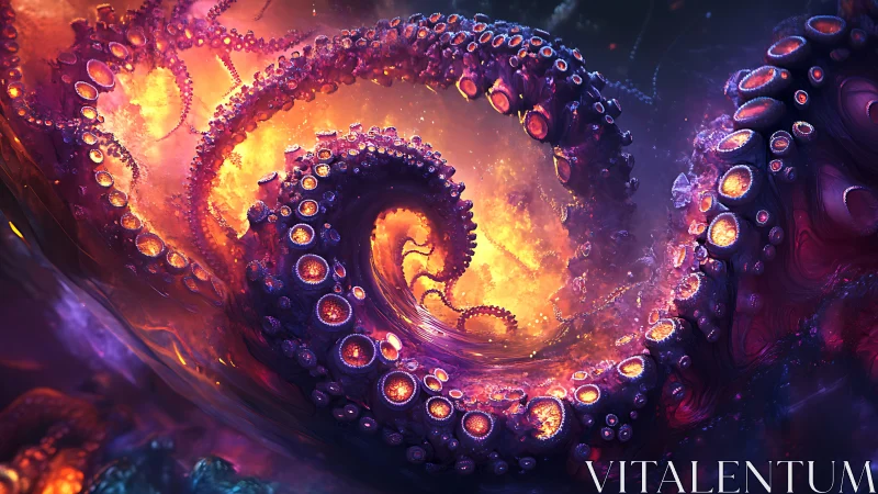 Fiery cosmic tentacles curl gracefully around a glowing storm