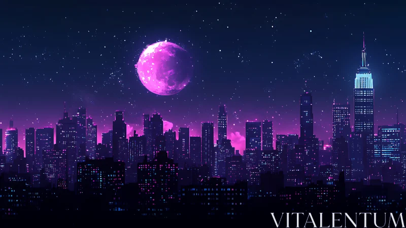 Neon lunar skyline panorama in retro-futurist digital silhouette.
