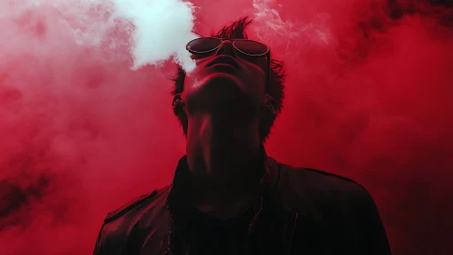 Neon smoke crowns a shadowed rebel in crimson fog