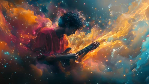 Cosmic guitarist immersed in swirling nebulae of sound.