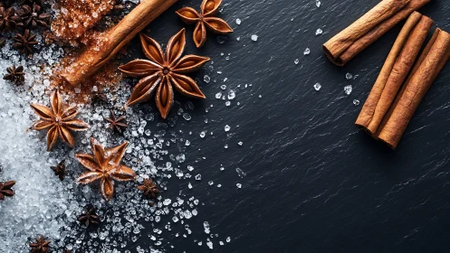 Star anise, cinnamon sticks and sugar on dark slate background.