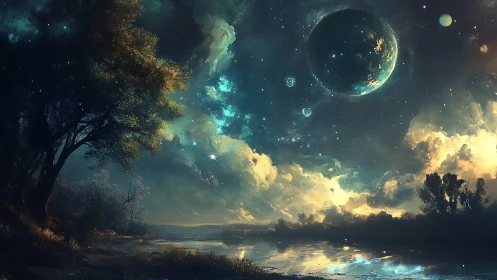 Cosmic sky with planets rises above reflective river landscape
