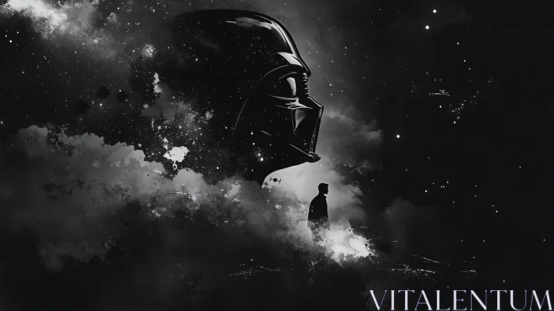 Monochrome galactic silhouette merges figure and helmet profile